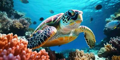 AI generated Cruising Turtle Amongst the Underwater Coral Scenery photo