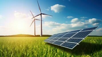 ai generado solar paneles y viento poder Generacion equipo en un verde granja foto