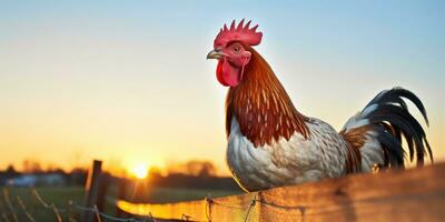 ai generado gallo soportes con orgullo en Mañana foto