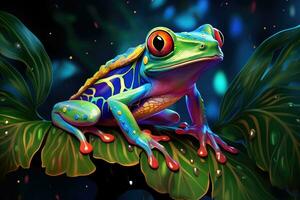 AI generated Tropical green frog in the rainforest photo