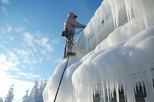 AI generated Removing dangerous icicles from the roof of a family house, danger of falling photo