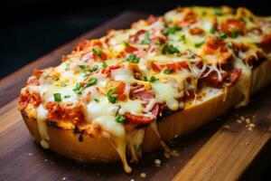 AI generated Baked Baguette. French bread pizza on a wooden cutting board photo