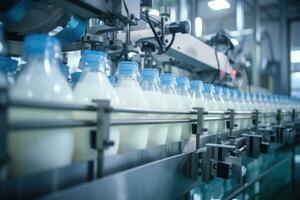 ai generado Leche fábrica. robótico fábrica línea para Procesando y embotellado de leche. foto