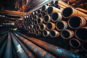 AI generated Steel pipes inside the factory or warehouse. Industrial production photo