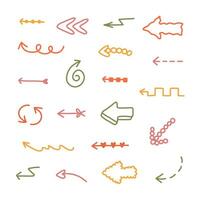 Cute arrows set in comic doodle style. Cartoon collection of arrows with hand drawn outline, curved lines, swirls in different directions. Business arrow mark icons isolated on white background vector