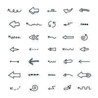 Cute hand drawn arrows set in doodle scribble style. Comic collection of freehand arrows, curved lines, swirls. Business arrow mark icons for web, banner, design isolated on white background. vector