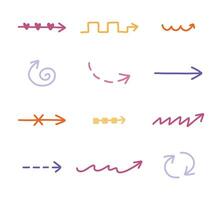 Cute hand drawn arrows set in doodle scribble style. Funny collection of freehand arrows, curved lines, swirls. Business arrow mark icons for web, banner, design isolated on white background vector