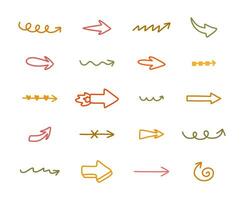 Cute hand drawn arrows set in doodle scribble style. Comic collection of freehand arrows, curved lines, swirls. Business arrow mark icons for web, banner, design isolated on white background. vector