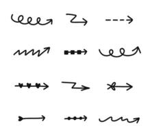 Cute hand drawn arrows set in doodle scribble style. Funny collection of freehand arrows, curved lines, swirls. Business arrow mark icons for web, banner, design isolated on white background vector