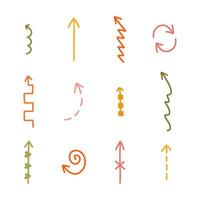 Cute hand drawn arrows set in doodle scribble style. Comic collection of freehand arrows, curved lines, swirls. Business arrow mark icons for web, banner, design isolated on white background. vector