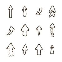 Cute arrows set in doodle scribble style. Collection of bold funky arrows with hand drawn outline in different shapes. Business arrow mark icons for web, banner, design isolated on white background. vector