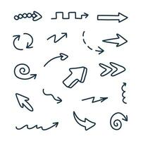 Cute arrows set in comic doodle style. Cartoon collection of arrows with hand drawn outline, curved lines, swirls in different directions. Business arrow mark icons isolated on white background vector