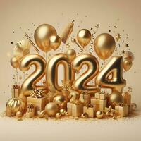 AI generated 2024 golden decoration holiday on beige background. Gold foil balloons numeral 2024 with realistic festive objects photo