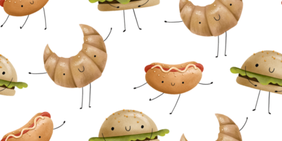 Fast food seamless pattern. Bakery with faces. Tasty burgers and croissant. Happy hot dog png