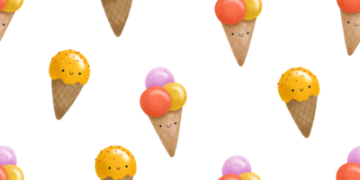 Seamless pattern with cartoon ice cream. Hand painted cartoon food character with face png