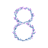 schön International Damen Tag Gruß Karte Vorlage mit Symbol 8 gemacht von violett Beeren, Blumen und Blätter. Hand gezeichnet Illustration auf isoliert Hintergrund png