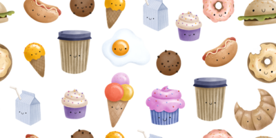 Funny seamless pattern with tasty fast food and bakery with drinks. Childish endless background png