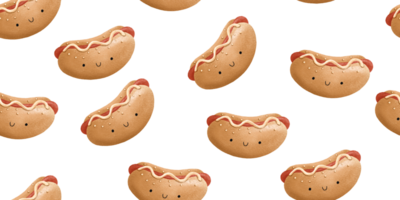 Seamless pattern with hot dogs. Endless background with cartoon food character png