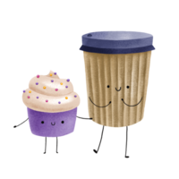 Cartoon characters. Creamy cupcake and cup of  coffee. Best friend illustration. Fast food png