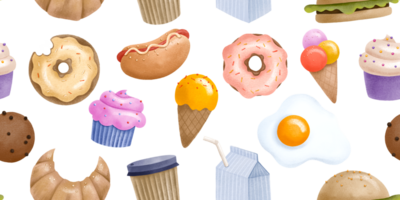 Seamless pattern with tasty fast food. Bakery, fried eggs and donuts. Coffee and milk drinks. Childish endless background png