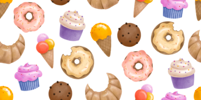 Fast food seamless pattern. Bakery and ice cream. Cute childish endless design. Hand drawn background png
