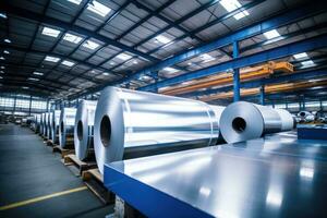 AI generated Rolls of galvanized steel sheet inside the factory or warehouse. Industrial production photo