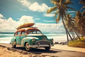 ai generado un antiguo coche estacionado en un tropical playa con un canoa en el techo. foto