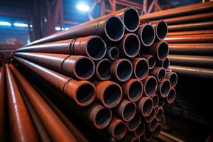 AI generated Steel pipes inside the factory or warehouse. Industrial production photo