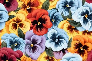 AI generated Seamless pattern with colorful pansy flowers. photo