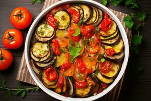 AI generated Ratatouille served in a bowl with fresh basil photo