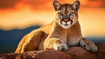 ai generado un majestuoso Puma en un rocoso afloramiento a puesta de sol foto