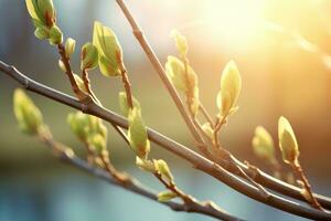 AI generated Nature background with willow twig and swollen buds photo