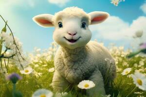 AI generated Happy lamb in the meadow. photo