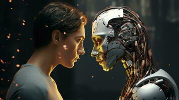 Artificial intelligence android and male human look at each other. Rivalry. Communication conflict concept. AI Generated photo