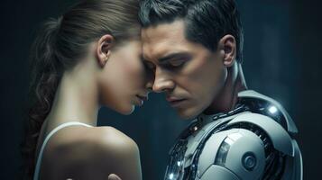 Android robot and a beautiful woman. Relationship between artificial cyborg and human. Closeup portrait. AI Generated photo