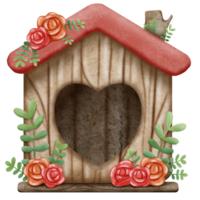 Bird house with heart shape entry decorated with roses png