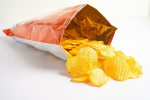 Potato chips, delicious BBQ seasoning spicy for crips, thin slice deep fried snack fast food in open bag. photo