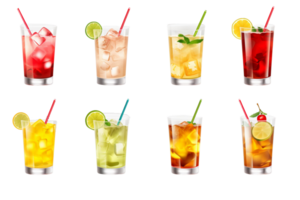 AI generated a set of different soft drinks in glasses on a transparent background png