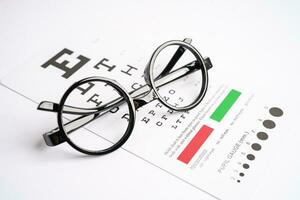 Glasses on eye testing exam chart to check eyesight accuracy of reading. photo