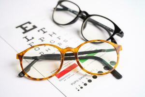 Glasses on eye testing exam chart to check eyesight accuracy of reading. photo