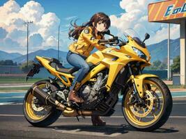 AI generated Beautiful Yellow Jacket Anime Girl Riding a Motorcycle on Gas Station Background photo