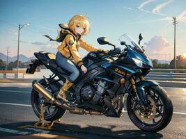 AI generated Beautiful Yellow Jacket Anime Girl Riding a Motorcycle on Gas Station Background photo