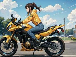 AI generated Beautiful Yellow Jacket Anime Girl Riding a Motorcycle on Gas Station Background photo