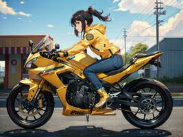 AI generated Beautiful Yellow Jacket Anime Girl Riding a Motorcycle on Gas Station Background photo