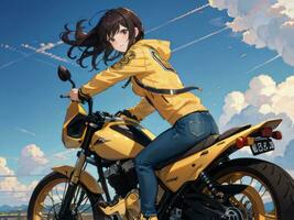 ai generado hermosa amarillo chaqueta anime niña montando un motocicleta en gas estación antecedentes foto