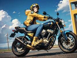 ai generado hermosa amarillo chaqueta anime niña montando un motocicleta en gas estación antecedentes foto