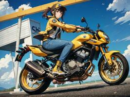 ai generado hermosa amarillo chaqueta anime niña montando un motocicleta en gas estación antecedentes foto