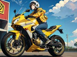 AI generated Beautiful Yellow Jacket Anime Girl Riding a Motorcycle on Gas Station Background photo