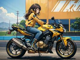 AI generated Beautiful Yellow Jacket Anime Girl Riding a Motorcycle on Gas Station Background photo