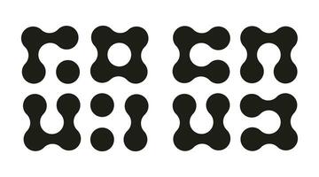 Metaball icons. Connected dots vector signs. Integration abstract symbol. Circles simple pattern. Point movement. Connected blobs. Metaballs transition. Set of flat logos.